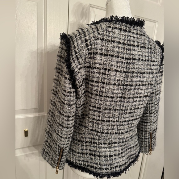 MILLY Black and White Plaid Fringe Houndstooth Wool Blazer Size 6 - Picture 9 of 11